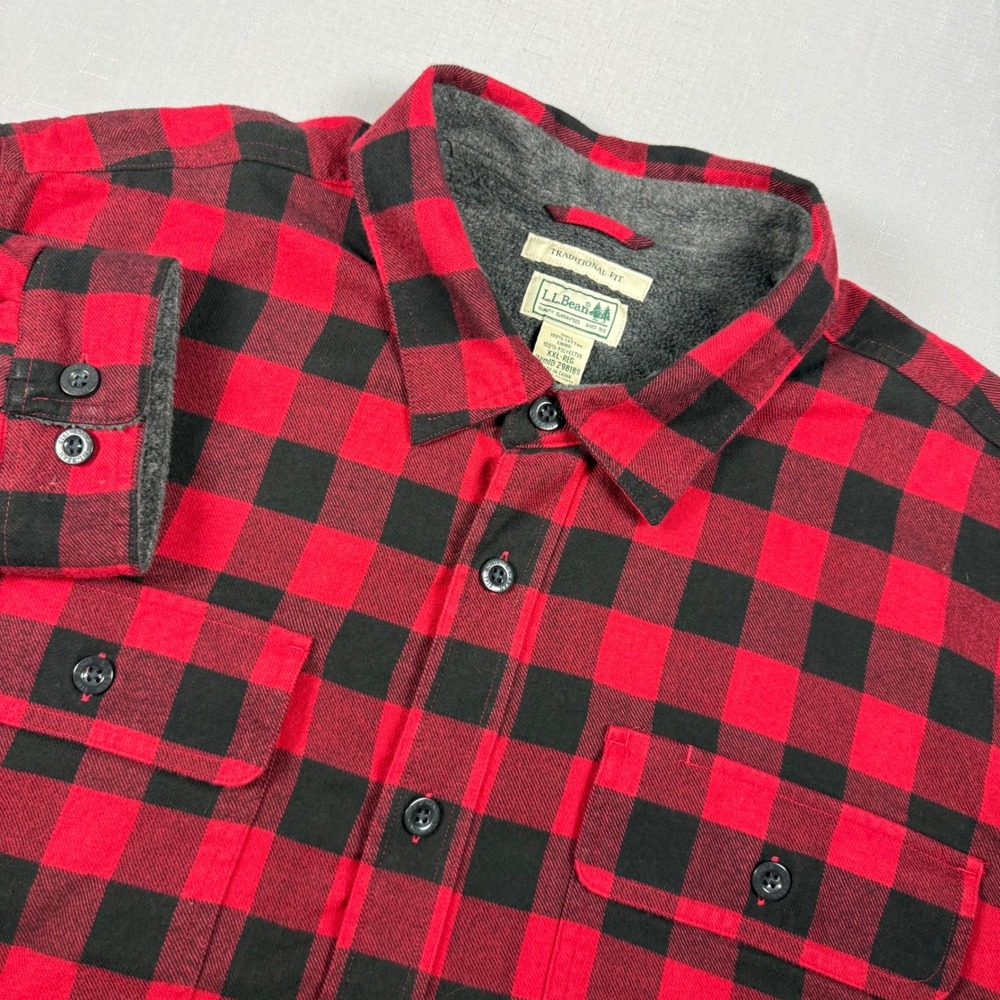 LL Bean Mens XXL Red Black Buffalo Check Fleece Lined Flannel Shirt 298189